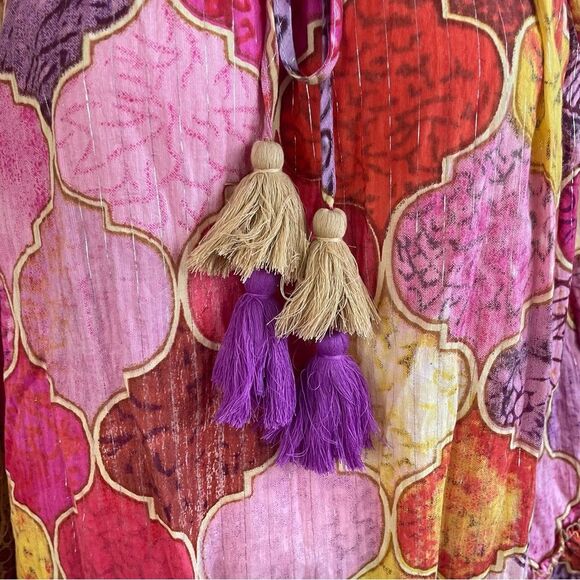 TOLANI COLLECTION Pink Sparkly Boho Tassel Fringe Oversized Poncho Tunic Blouse - Picture 7 of 13